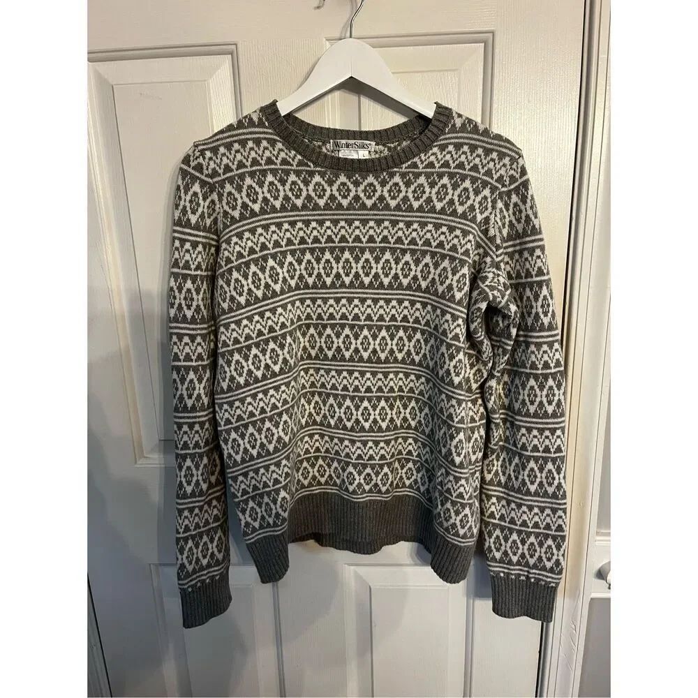 WinterSilks Gray & White Print Cotton Crew Neck Sweater sz L NWOT